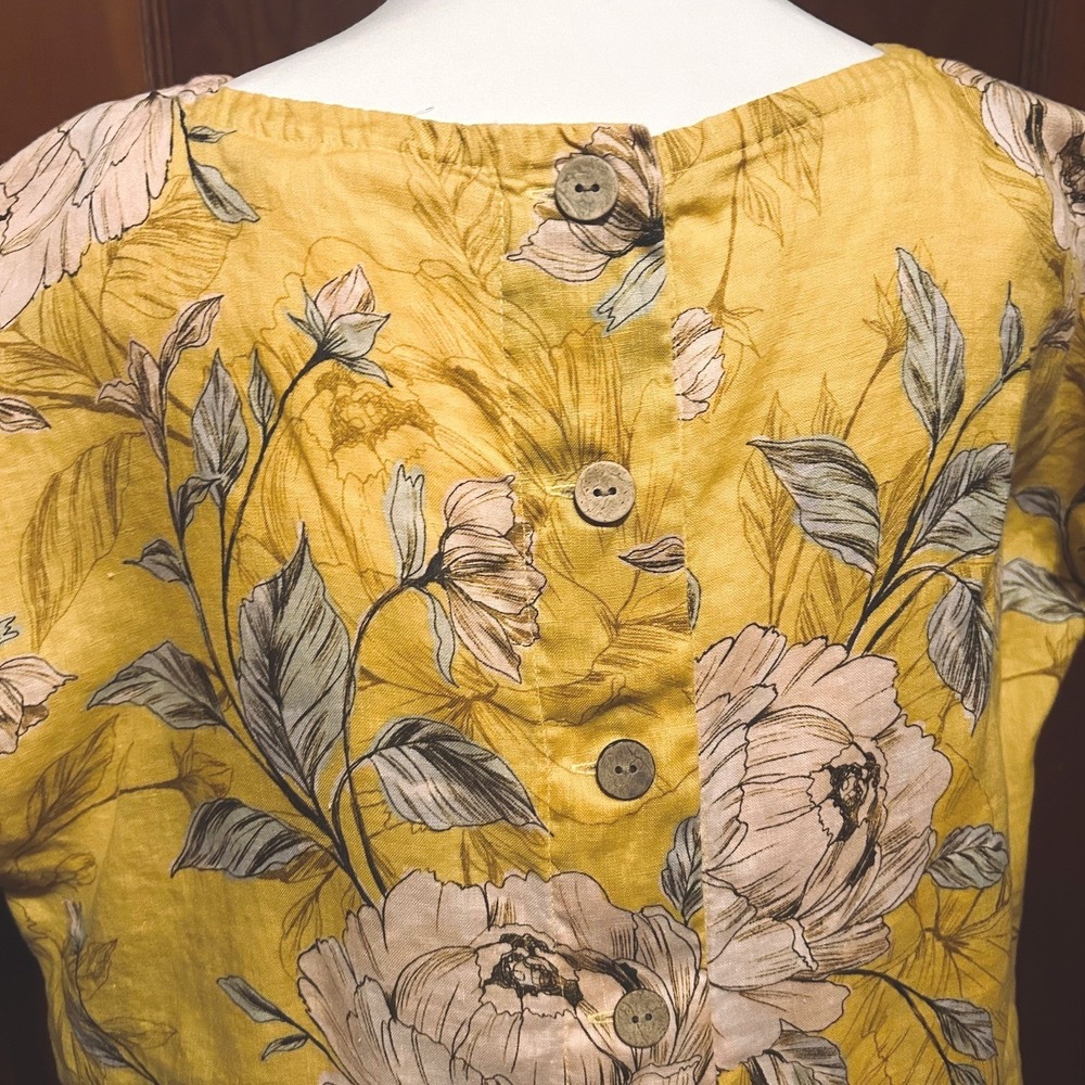 Nicole Miller Yellow Floral 100% Linen Button Back Top XS Cottage Lagenlook Chic - Picture 3 of 10
